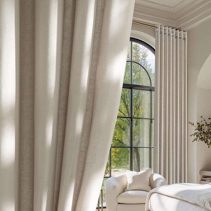 NICETOWN Cocoa Cream Linen Curtains for Living Room, Grommet Thick Flax Semi Sheer Window Treatments Privacy Assured with Light Filtering Drapes for Bedroom, W55 x L96, 2 Panels