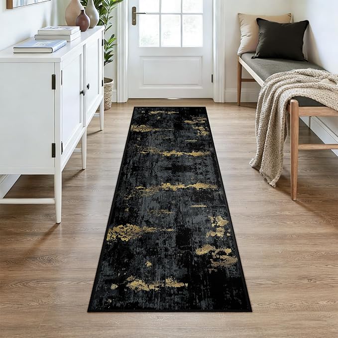 Washable Area Rugs 2x7 Non-Slip Modern Abstract Soft for Living Room Entryway Bedroom Nursery, Print Pattern, Dark Black Gold