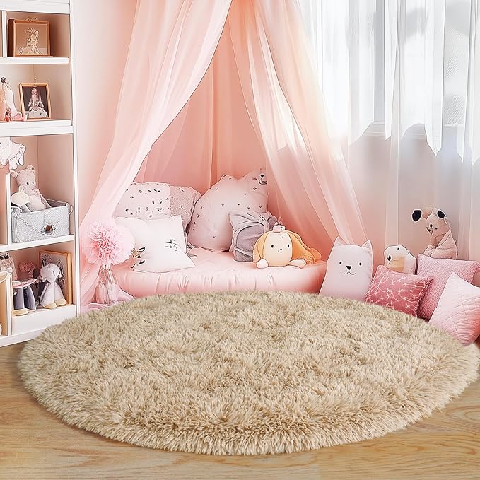 6‘x6’ Beige Round Rug for Bedroom, Ultra Soft Fluffy Circle Rug for Kids Girls Boys Room, Cute Shag Rugs for Living Room Playroom Tent Castle Home Decor Rug