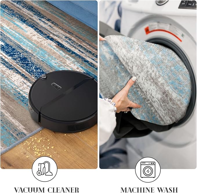 Lansny Modern Abstract Bedroom Runner Rug 2x7, Blue Washable Kitchen Runner, Non-Slip Soft Thin Faux Wool Mat for Entryway, Hallway, Laundry Room, Indoor Home Decor