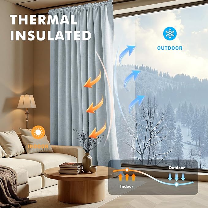 MIULEE 100% Blackout Linen Curtains for Bedroom, Chambray Blue Solid Luxury Decor Thermal Insulation Room Darkening Drapes for Living Room Nursery Back Tab Rod Pocket 42 x 90 Inches, 2 Panels