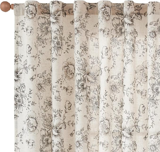 jinchan Linen Blend Curtain Floral Curtains for Living Room 63 Inch Length Black Printed Curtain Rod Pocket Back Tab Farmhouse Peony Flower Patterned Drapes Bedroom Window Curtains Set 2 Panels