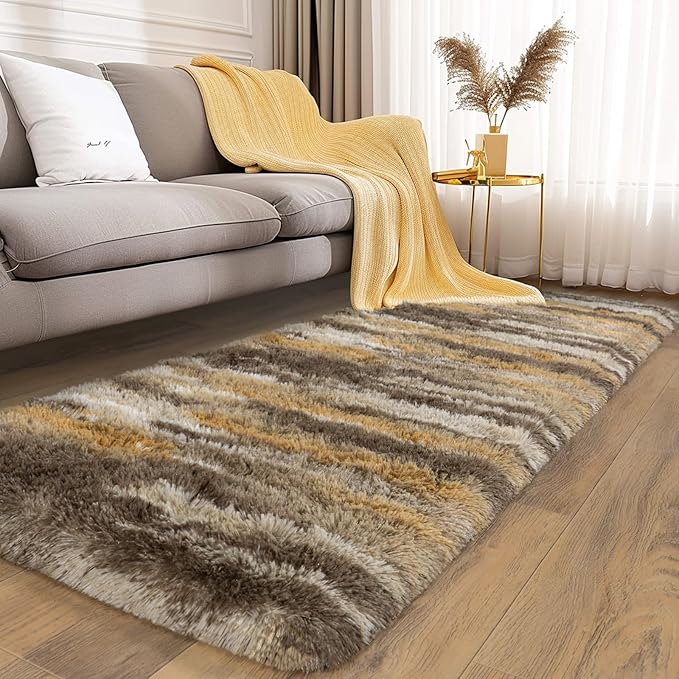 Soft Runner Rugs for Bedroom Hallways, 2x6 Abstract Brown Fluffy Shag Throw Area Rug Non Slip for Bedside Dorm, Long Shaggy Furry Carpet for Nursery Living Room