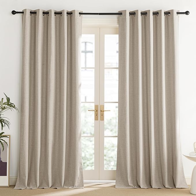 NICETOWN Oatmeal Vintage Open Linen Weave Flax Thermal Curtains, 100% Blackout Curtains 120" Long for Dining Room, Soundproof Window Treatment Drapes for Home Office, 62" Wide Per Panel, Set of 2
