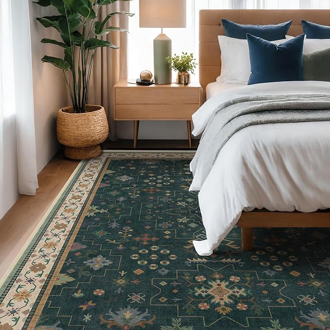 Hazo Haus Dark Green Vintage 7x10 Washable Rugs for Living Room - Dark Academia Victorian Floral Geometric Bedroom Rug, Ultra Soft Thin Low Pile Non-Slip Large Rugs for Lounge