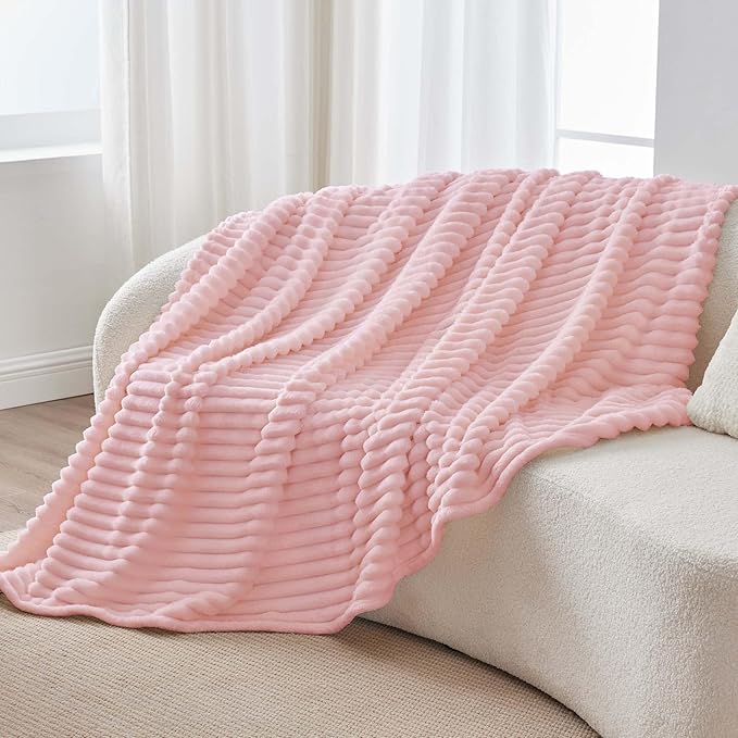 BEDELITE Twin Blanket for Couch & Bed, 300GSM Soft & Warm Fleece Blanket, Decorative and Giftable Striped Pink Blankets for Women, Men, 60"x80"