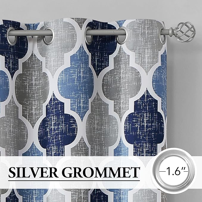 Beauoop 100% Blackout Curtains 96 Inches Long 2 Panels for Bedroom Living Room Blue Grey Moroccan Geo Room Darkening Thermal Insulated Soundproof Grommet Top Window Treatments Drapes, 50x96 Set of 2