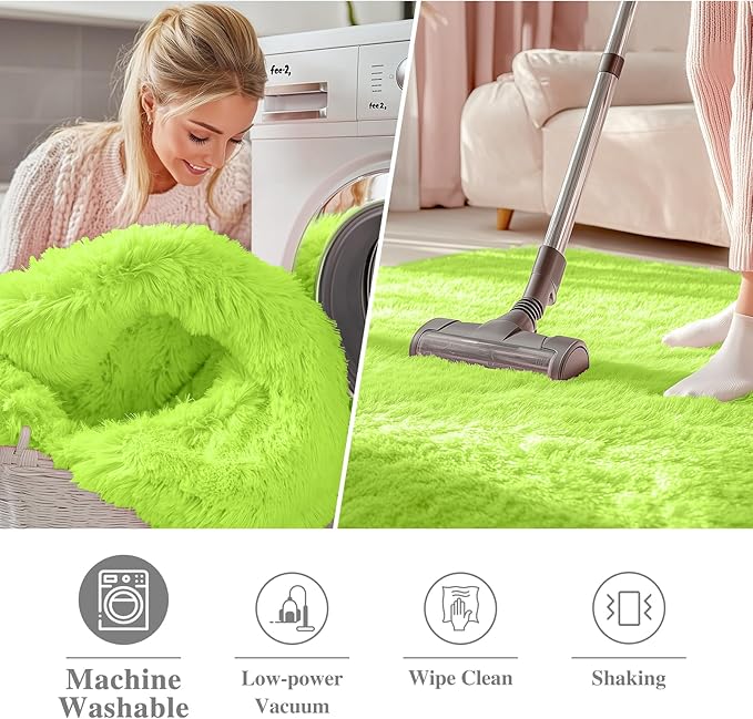 OLANLY Lime Green Round Rugs for Bedroom - Machine Washable, 6 ft Circle Area Rugs for Living Room, Soft and Fluffy Shaggy Carpet for Teen Girl and Boys, Nursery Rooms, Dorms, Home Decor Aesthetic
