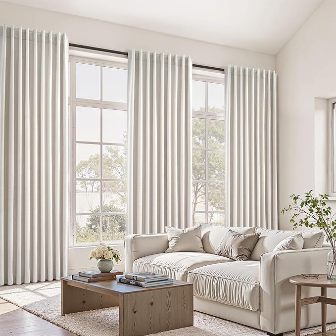Extra Wide 70 Inch Length Blackout Curtains & Drapes 92 Inches Long 2 Panels Set for Sliding Glass Doors Modern Pleated Linen Blend Heavy Floor to Ceiling Large Window Drapes(70"Wx92"Lx 2 Birch)