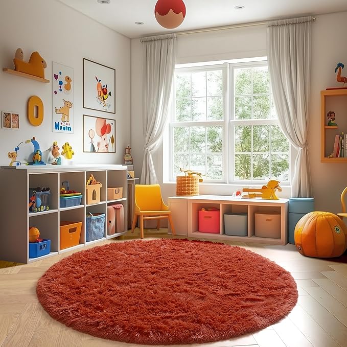Amdrebio Terracotta Rust Round Circle Rug 5Ft for Bedroom Living Room, Fluffy Fuzzy Shaggy Furry Area Rugs for Kids Room Decor Aesthetic, Cute Plush Shag Rustic Carpet for Nursery Dorm Classroom