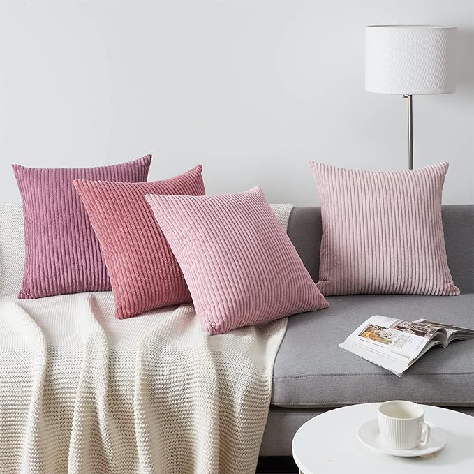 Topfinel Throw Pillow Cover 4pc Set - Multi Pink Combo - 26" x 26" Solid Cozy Corduroy Square Accent Decorative Cushion Case for Couch Sofa Chair Bed & Home, Only Covers
