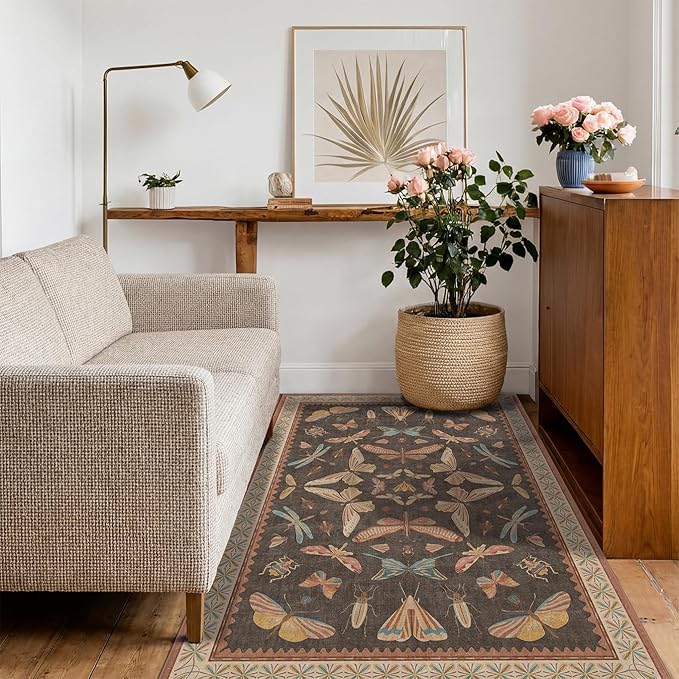 Brown Washable Area Rug for Living Room - 4x6 Large Entryway Rugs, Vintage Insect Soft Stain Resistant Carpet for Bedroom, Kitchen, Non Slip with Rubber Backing, Aesthetic Décor Indoor