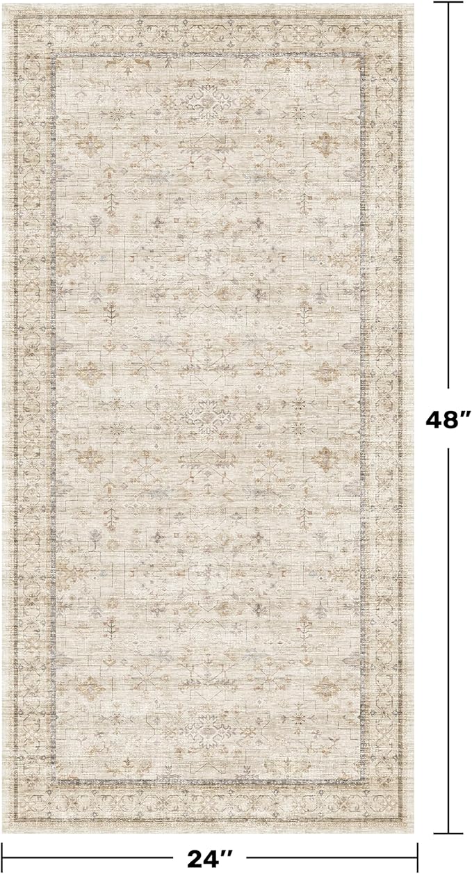 Washable 2x4 Beige Bathroom Rugs, Farmhouse Small Rugs for Entryway, Geometric Floral Design Non Slip Kitchen Floor Mats, Modern Home Décor, Low Pile & Soft Stain Resistant Carpet