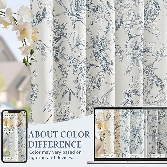 jinchan Floral Curtains 96 Inches Long Blue Flower Linen Farmhouse Curtain for Living Room French Country Vintage Curtain Rod Pocket Curtains Set 2 Panels Blue Floral Printed