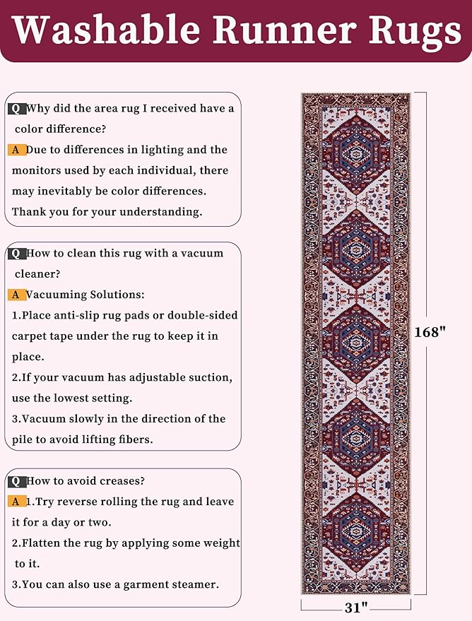 SERISSA Runner Rug for Hallways, 2'6"x14' Washable Non Slip Runner Rug, Extra Long Boho Rug Ultra Soft Vintage Burgundy Navy Print Floor Carpet for Bedroom Hallway Entryway Bathroom Laundry Room