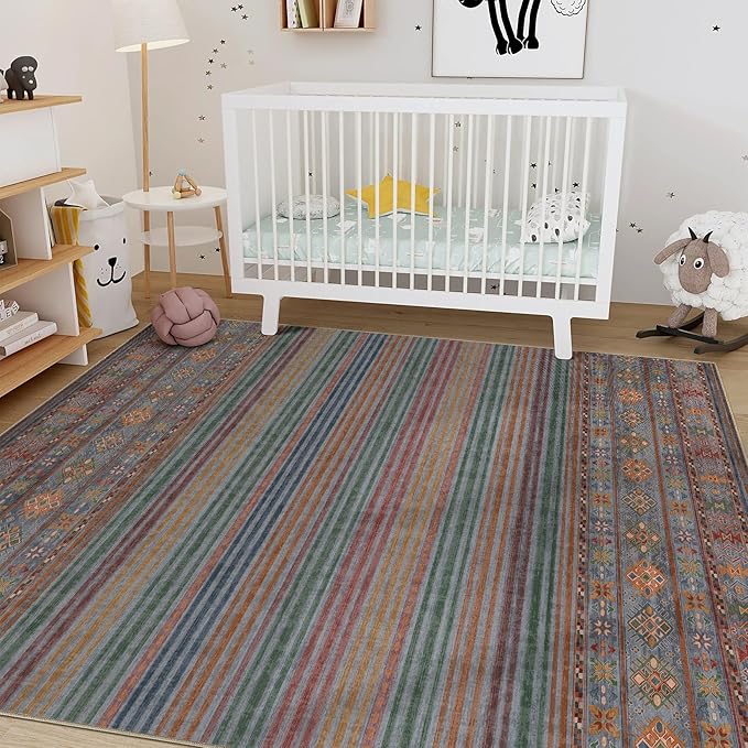 Nakagishi 8X10 Area Rugs Living Room: Washable Large Vintage Rug Neutral Non-Slip Soft Stain Resistant Indoor Carpet for Bedroom Nursery Dining Room Office Playroom - Multi Color