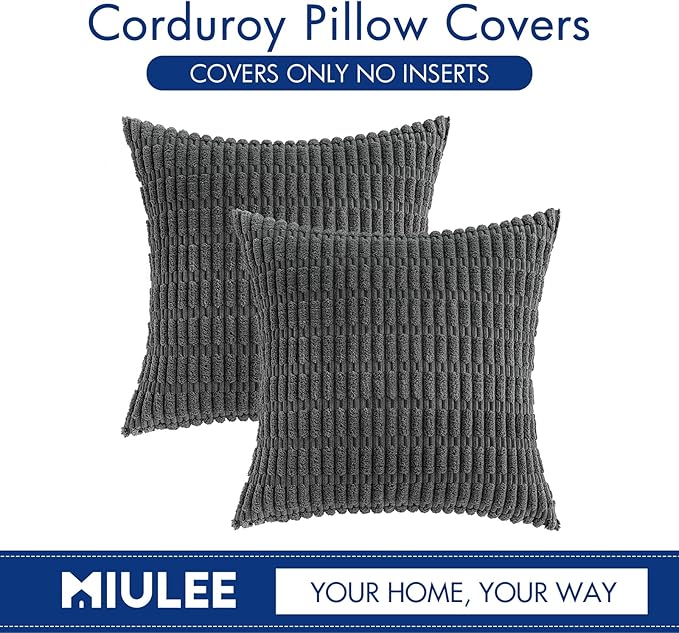 MIULEE Pack of 2 Corduroy Decorative Throw Pillow Covers 20x20 Inch Soft Boho Striped Pillow Covers Modern Farmhouse Home Decor for Sofa Living Room Couch Bed Dark Grey