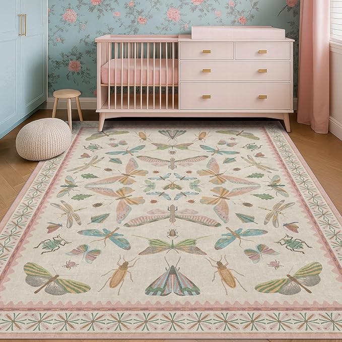 Hazo Haus Floral Pink Rugs for Bedroom Girls 6x9 - Insect Print Cute Girly Rug for Living Room, Dining Room Under Kitchen Table, Washable Low Pile Vintage Bug Art Nouveau Home Decor