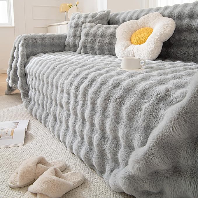 HANDONTIME Plush Sofa Covers Washable Rabbit Plush Couch Cover Soft Cozy Faux Fur Couch Protector for Dogs Fluffy Plush L Shaped Sofa Cover Pet Friendly Couch Protector Furniture, 71" X150"