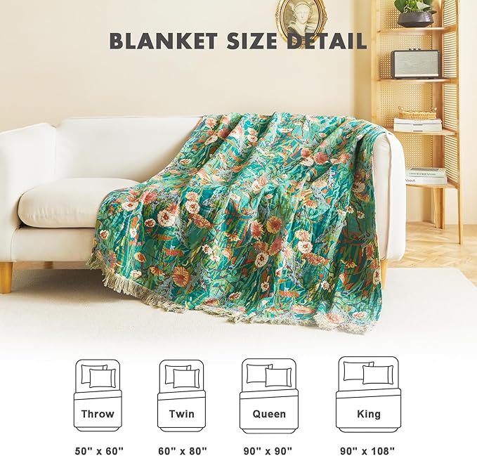 MSGKV Boho Throw Blanket 50"x60" Floral Blankets for Couch 100% Cotton Chair Sofa Throws Lightweight Farmhouse Muslin Spring Breathable Bed Blankets Home Decor All Seasons