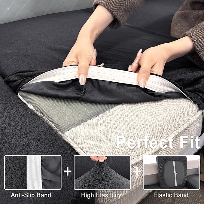 Leather Look Couch Cushion Covers Sofa Seat Slipcovers Sets Couches Furniture Protector for Sectional Armchair Loveseat Pets Kids Stretch Spandex Fabric (3 Cushion Sofa, Dark Grey)