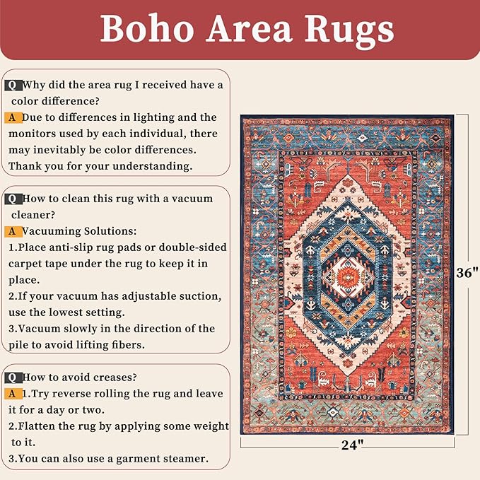 SERISSA Boho Rugs for Entryway, 2x3 Rust Entryway Rug Non-Slip Washable Small Area Rug, Ultra Soft Oriental Vintage Low-Pile Indoor Door Mat Floor Carpet for Entrance Bedroom Kitchen Bathroom