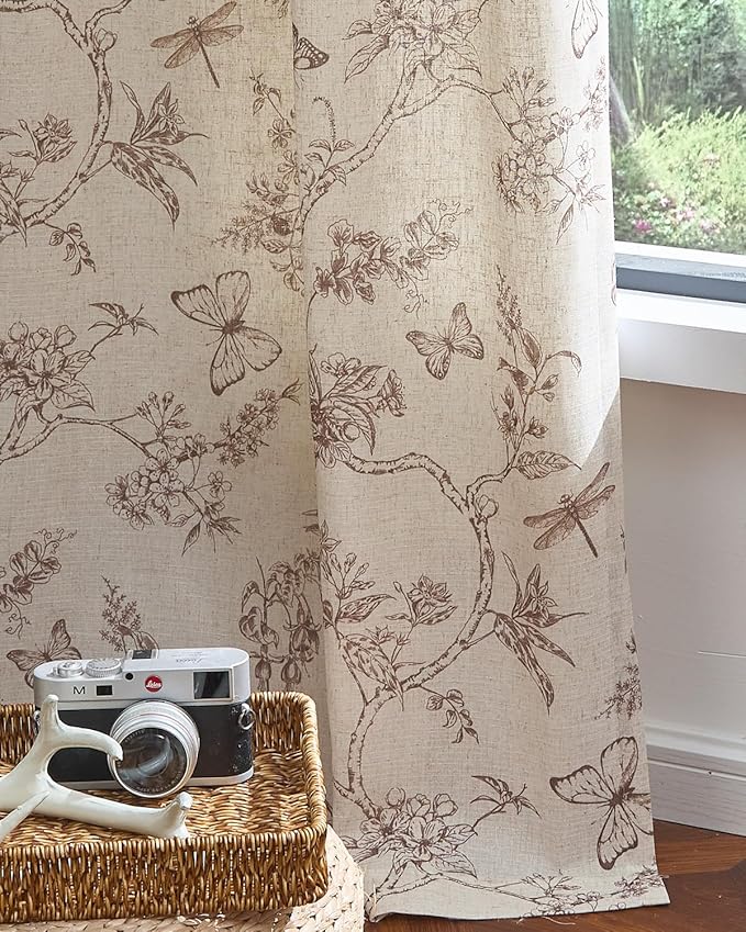 jinchan Floral Linen Curtains for Living Room 84 Inch Length Butterfly Curtain Taupe Floral Curtains French Country Farmhouse Curtain Flower Patterned Drapes Window Treatment Set 2 Panels