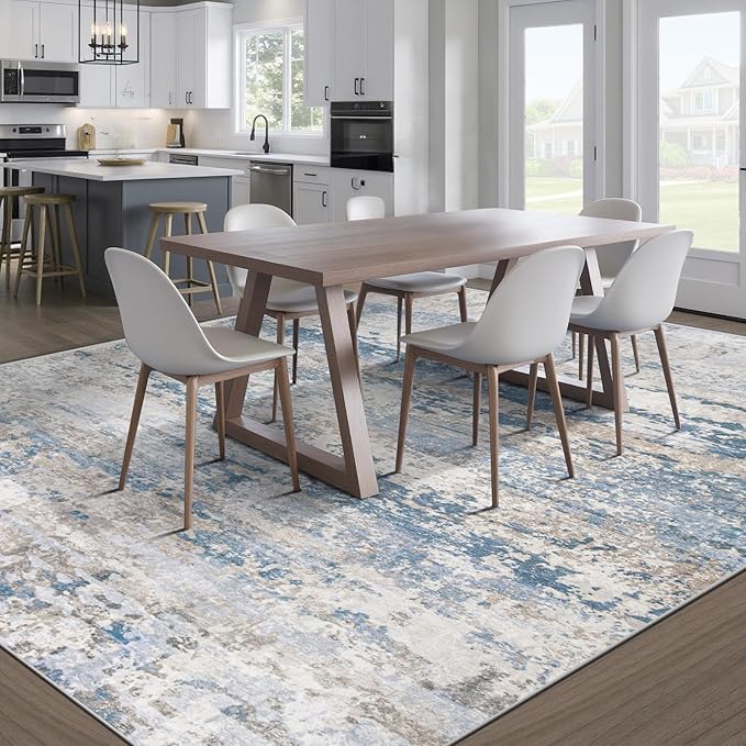 Area Rugs 8x10 for Living Room: Washable Rug Modern Abstract Neutral Soft Non-Slip Low-Pile Indoor Large Carpet for Bedroom Dining Room Playroom Home Office (Light Blue Brown, 8'x10')