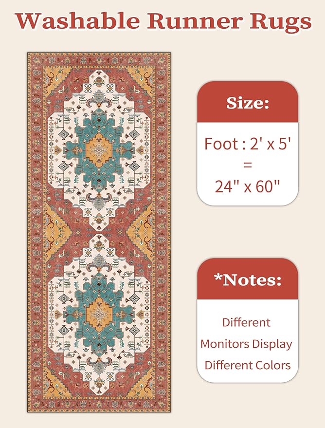 SERISSA Boho Washable Runner Rug, 2x5 Rug Non-Slip Vintage Orange Hallway Kitchen Runner Rug Ultra Soft Print Distressed Floor Carpet for Bedroom Bathroom Laundry Living Room