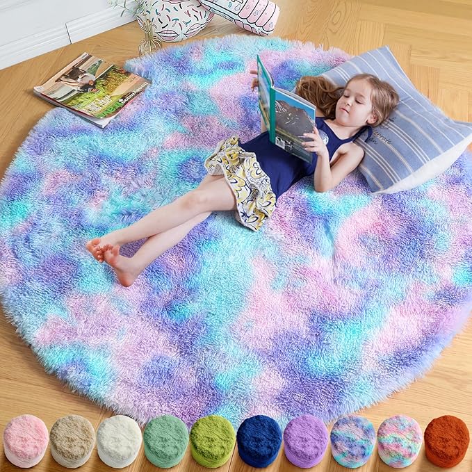 Amdrebio Purple Rainbow Small Round Rug 3Ft for Bedroom Girls Room Decor, Mermaid Stitch Frozen Kids Rugs for Playroom Nursery Dorm, Fluffy Furry Cute Shag Carpet, Kawaii Circle Area Rugs for Baby
