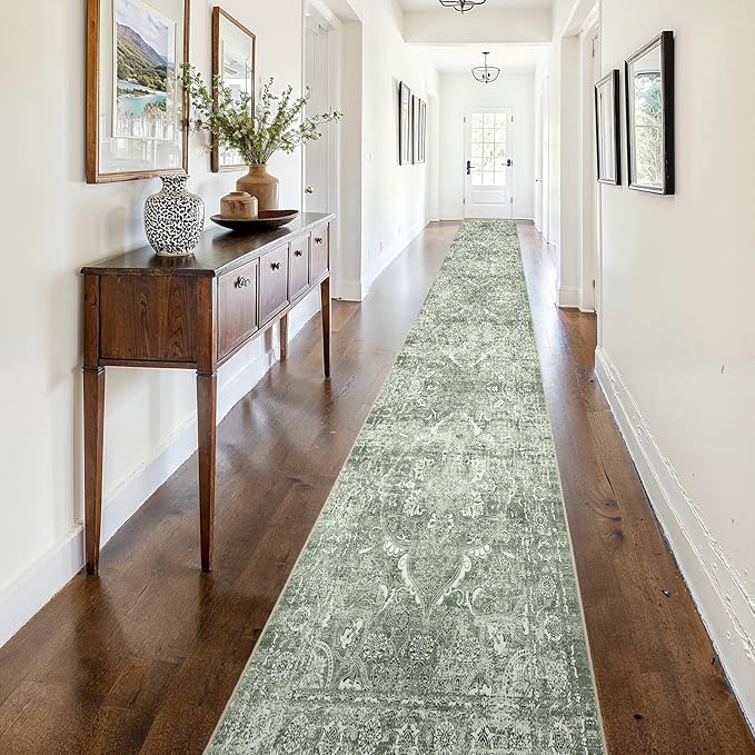 2'6"x16' Washable Hallway Runner Rug - Non Slip Kitchen Runner Rugs with Rubber Backing Vintage Low-Pile Carpet Runners for Entryway Dining Room Laundry Room Home Decor (Muted Sage Green)
