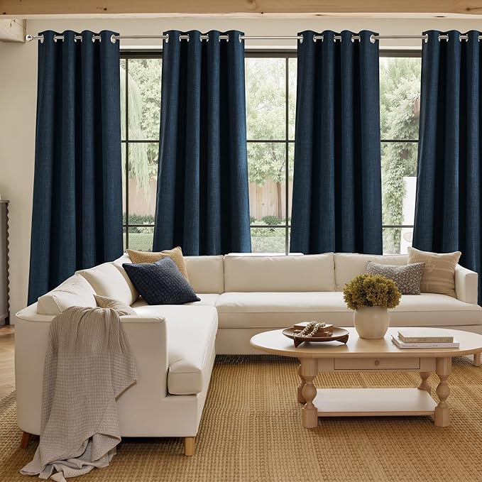 NICETOWN Faux Linen Navy Blue Blackout Curtains 84 inches Long for Living Room - Privacy Panels for Bedroom, Modern Farmhouse Style Easy Care Grommet Top, 2 Panels, W52 by L84