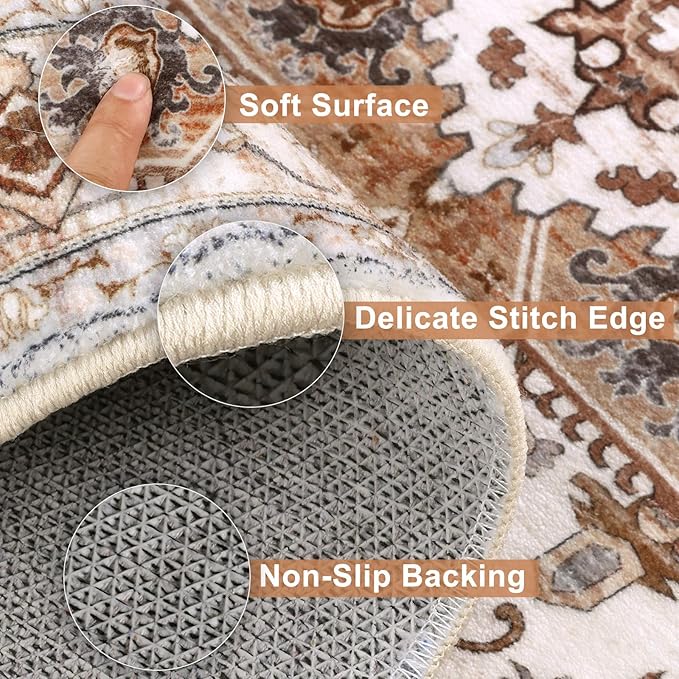 Yamaziot Washable Runner Rug, 2x8 Non-Slip Boho Vintage Hallway Rug Runner with Rubber Backing, Low Pile Faux Wool Distressed Carpet Runner for Bedroom, Kitchen, Laundry, Entrance, Ginger Grey