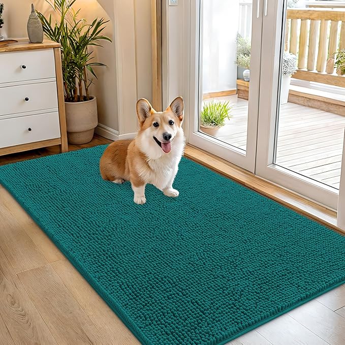OLANLY Dog Door Mat for Muddy Paws 54x32, Absorbs Moisture and Dirt, Absorbent Non-Slip Washable Doormat, Quick Dry Chenille Mud Mat for Dogs, Entry Indoor Entryway Carpet for Inside Floor, Lake Blue