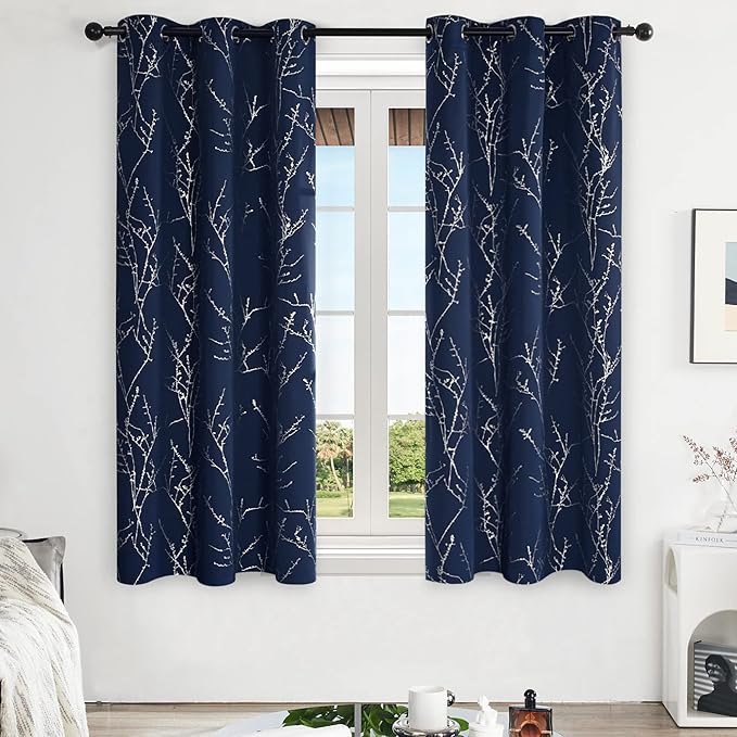 Deconovo Blackout Curtains, Navy Blue Curtain, Thermal Insulated Soundproof Drapes, Branch Silver Print, 42 x 63 Inch Long, Machine Washable Grommet Panels for Bedroom Living Room Office, Set of 2
