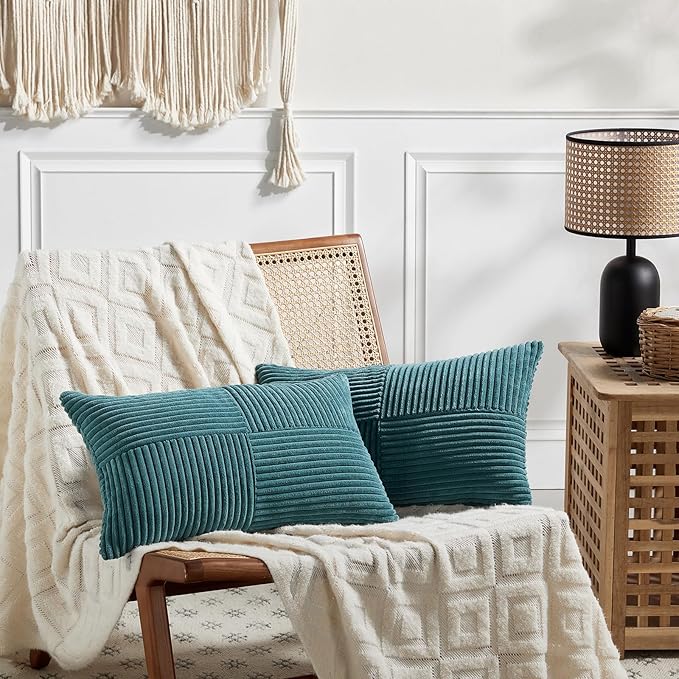 Fancy Homi 2 Packs Teal Lumbar Decorative Throw Pillow Covers 16x26 Inch for Living Room Couch Bed Sofa, Boho Home Decor, Soft Striped Corduroy Rectangle Accent Beige Cushion Case 65x40 cm
