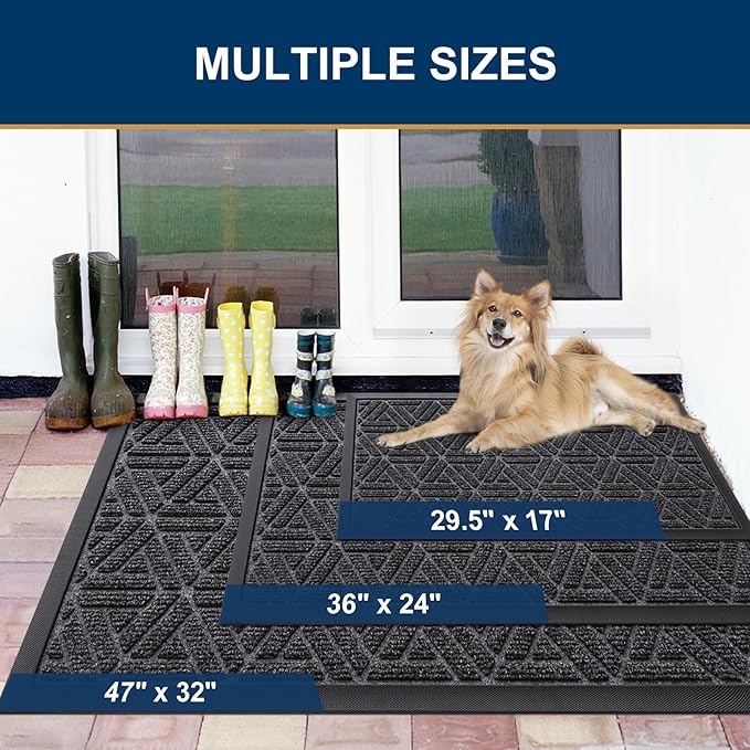 Smiry Front Door Mat Outside Entrance, Heavy Duty Sturdy Natural Rubber Doormat, Trap Dirt and Moisture, Easy Clean Low Profile Mats for Indoor Outdoor Entry, Grid Geometric (71x23, Grey)
