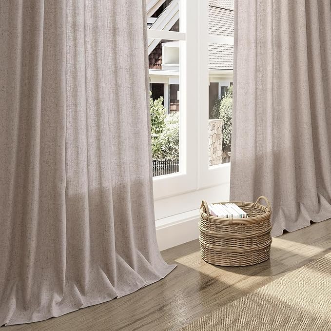 Nanspring Brownish Grey Linen Curtains for Living Room 100 Inches Long Back Tab Light Filtering Semi Sheer Curtain Modern Farmhouse Decor for Bedroom Office Luxury Textured Drapes 52x100, 2 Panels