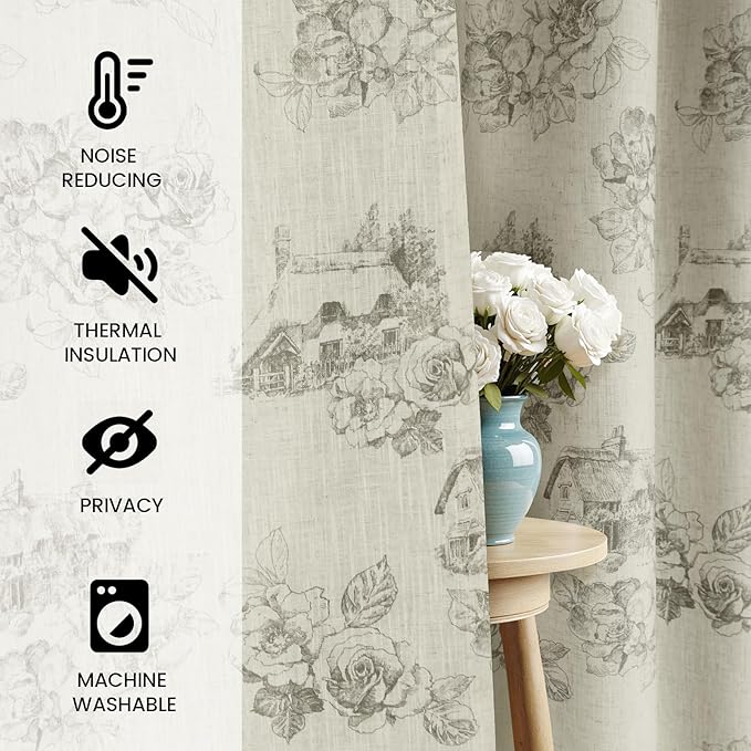 Yakamok Grey Floral Linen Curtains for Living Room 84 Inches Long,Printed Floral Curtains Farmhouse Grommet Bedroom Curtain 2 Panels
