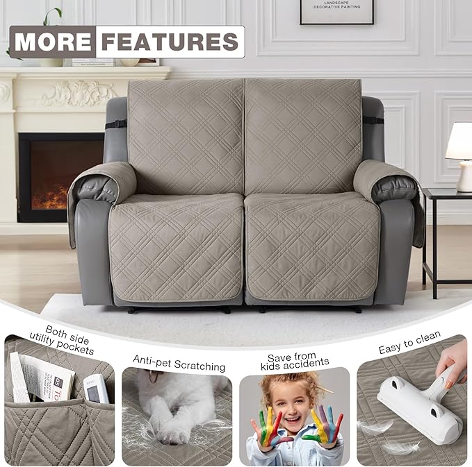 TAOCOCO 100% Waterproof Oversized Loveseat Recliner Cover, Non Slip Split Couch Covers for Reclining Loveseat with Elastic Straps for Kids Pets(Oversized 2 Seater, Light Browm)