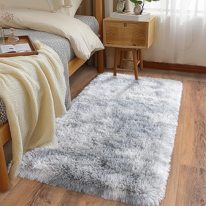 Ultra Soft Runner Rugs for Bedroom Hallways with Upgraded Non-Slip Rubber Backing & Thick Memory Sponge, 2x4 Feet Fluffy Shag Throw Area Rug for Bedside Dorm Tie-dye Light Grey