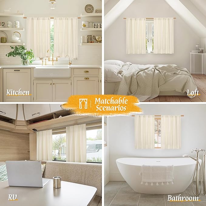 LAMIT 48 Inch Short Window Linen Curtains, Light Beige Soft Thick Light Filtering Panels Rod Pocket Neutral Privacy Faux Linen Drapes for Bedroom/Bathroom/Loft Room, 2 Panels, 42 x 48 Inch