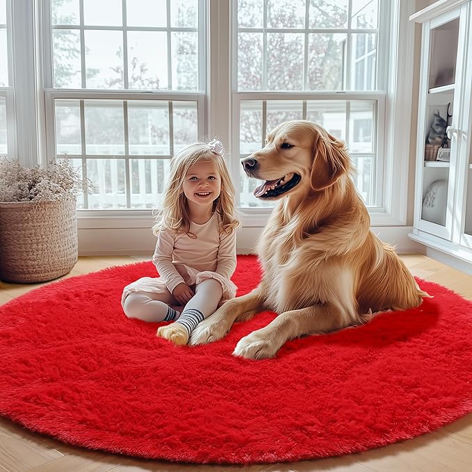 ONASAR Red Round Area Rug 4ft, Soft Bedroom Circle Rugs Floor Mat for Kids Girls Teen Room, Kawaii Fluffy Plush Shaggy Carpet for Nursery Living Room Playroom Christmas Home Decor Princess Castle