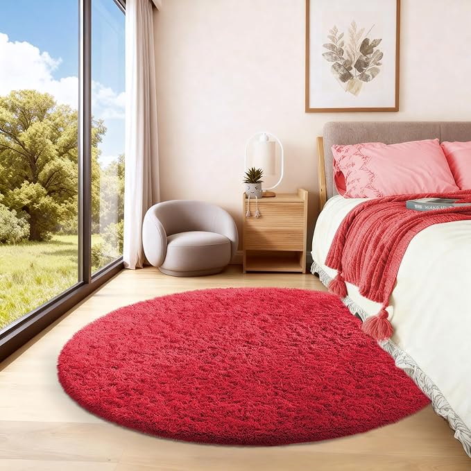 Ophanie Round Rug 4Ft Red Circle Area Rug, Christmas Room Decor, Aesthetic Nursery Bedroom Carpet, Fluffy Fuzzy Plush Soft Shaggy Living Room Rugs for Kids Boys Girls Home, Classroom