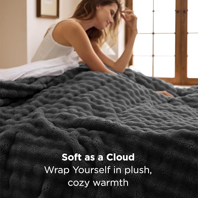 Bedsure 3D Fleece Bubble Blanket - GentleSoft Grey Queen Blanket for Bed Sofa Room Decor - Luxury Soft Cozy Gifts for Kids, Lightweight, All Seasons, Dark Grey, 90"×90"