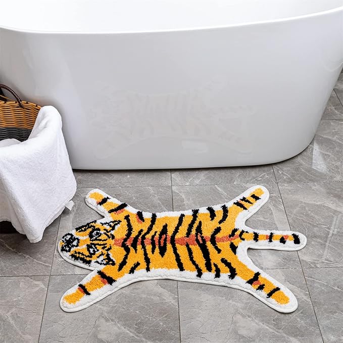 Tiger Print Rug, Animal Printed Small Area Rugs Faux Cowhide Skin Leather Nonslip Personalized Bath Rug Cartoon Carpet Bedroom Office Livingroom Floor Mat 32.2inx21.4in Yellow