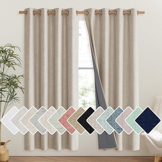 NICETOWN Oatmeal Bedroom Full Blackout Linen Curtain Panels Set of 2, 52" by 72", Thick Insulated Classic Grommet Blackout Draperies with White Thermal Insulated Liner for Windows