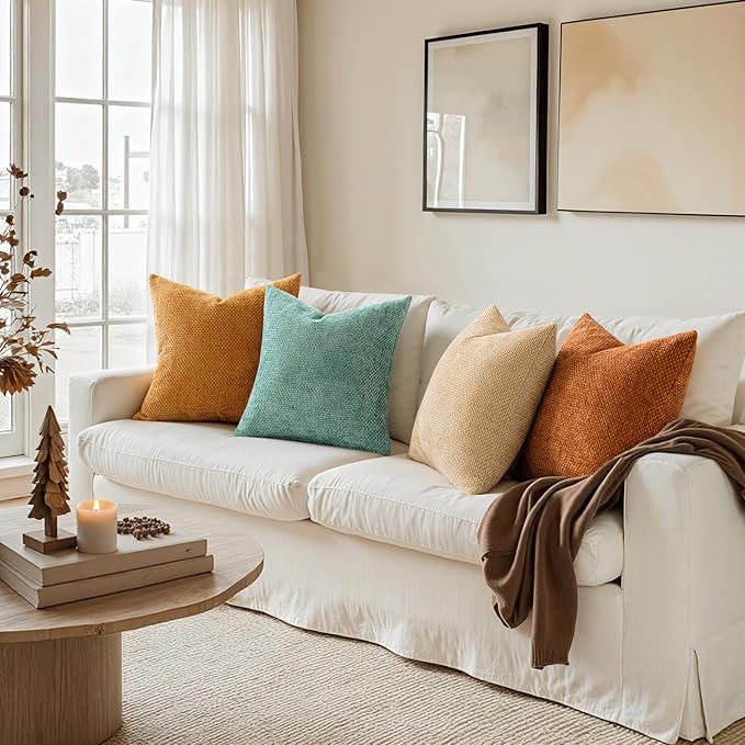 MIULEE Pack of 4 Orange/Teal Couch Throw Pillow Covers 18x18 Inch Yellow Green Soft Decorative Chenille Pillows Farmhouse Accent Cushions for Boho Home Decor Spring Sofa Bedroom Living Room