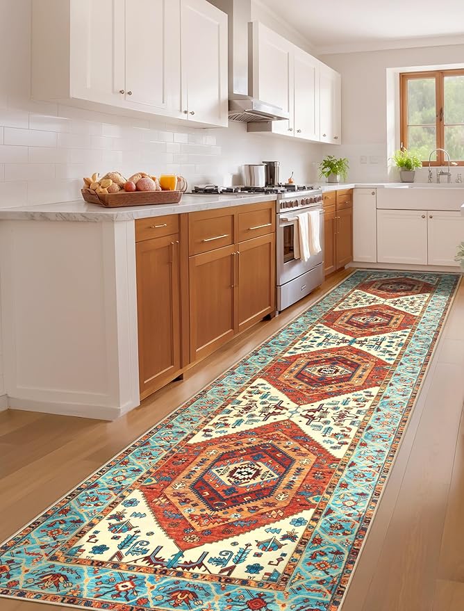 SERISSA Runner Rug for Hallways, 2'6"x12' Washable Non Slip Kitchen Runner Rug, Extra Long Boho Rug Ultra Soft Vintage Orange Print Floor Carpet for Bedroom Hallway Entryway Bathroom Laundry Room