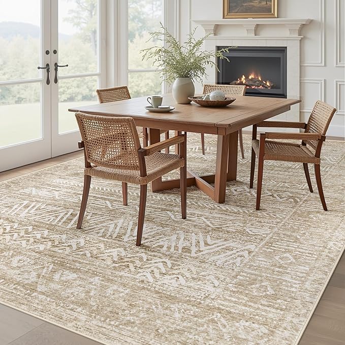 Living Room Rugs 8x10: Washable Moroccan Geometric Boho Rug Farmhouse Non Slip Stain Resistant Large Rug Low Pile Soft Carpet for Bedroom Dining Room Kids Room (Light Brown,8'x10')